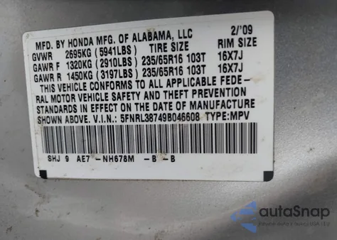 2009 Honda Odyssey Ex-L z USA, uszkodzony, nr VIN 5FNRL38749B046608